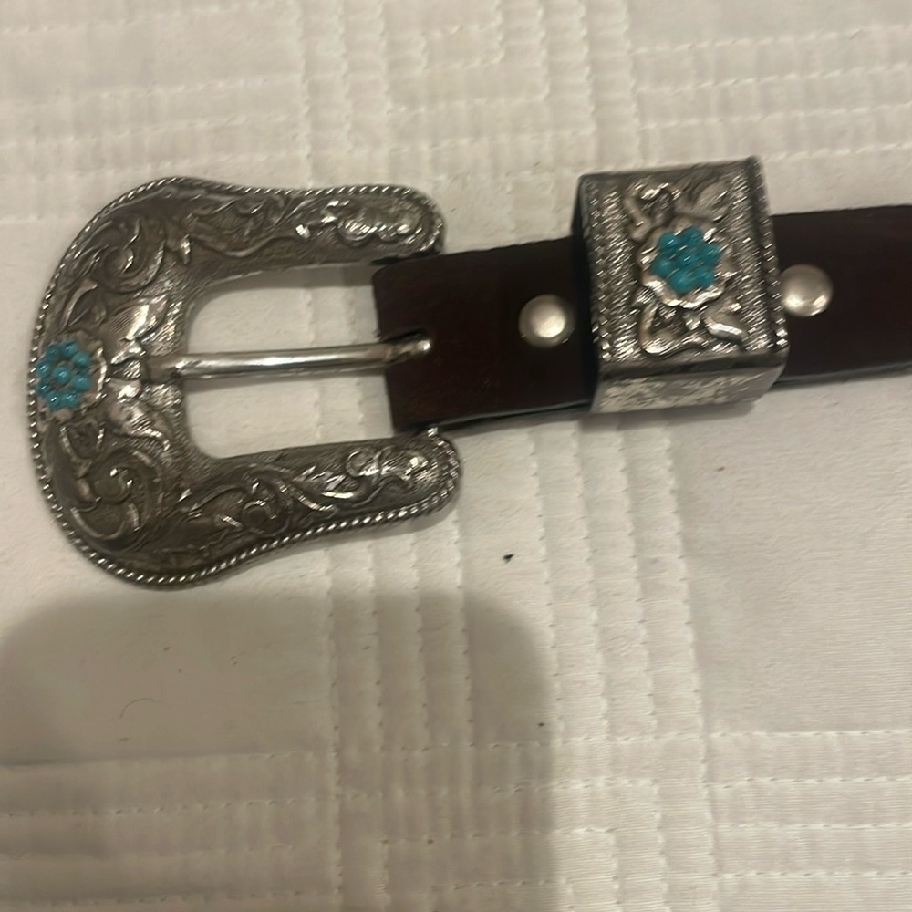 Nicona Belt Co silver toned turquoise genuine leather belt 28waist or smaller(c) - Picture 2 of 11